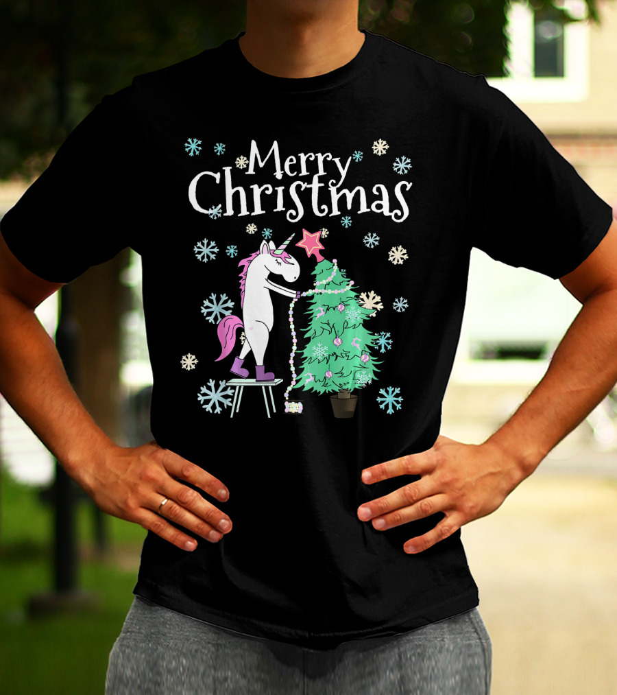 Merry Christmas Funny Unicorn Decorating Christmas Tree T-Shirt