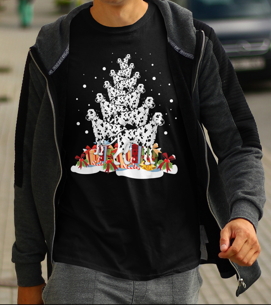 Dalmatian Merry Christmas Tree With Gifts And Snowflakes T-Shirt
