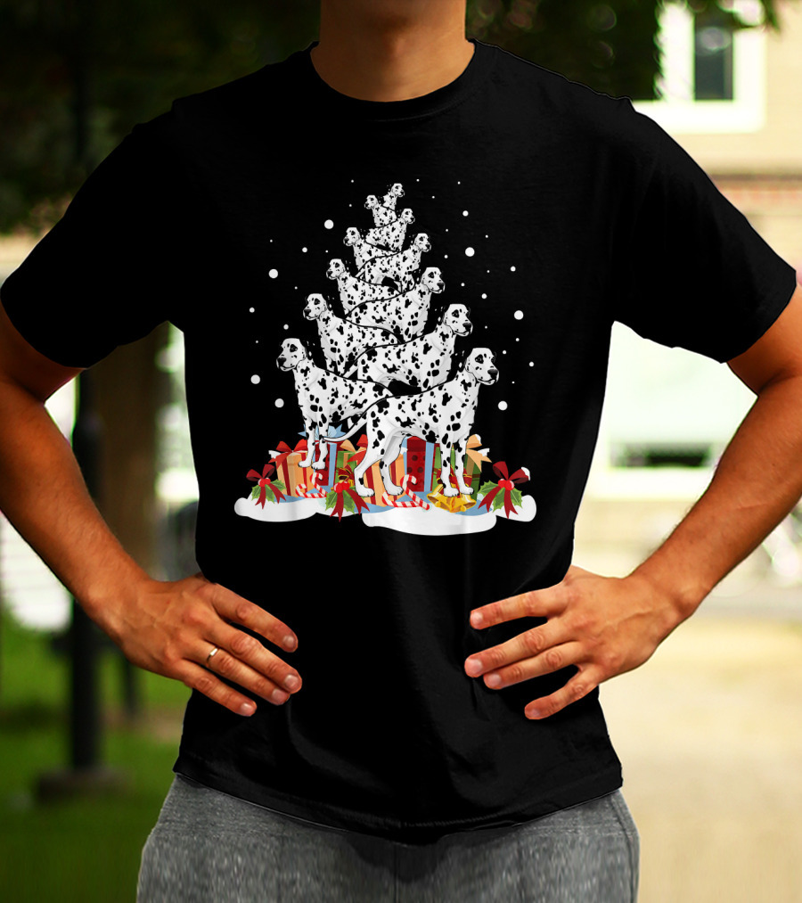 Dalmatian Merry Christmas Tree With Gifts And Snowflakes T-Shirt