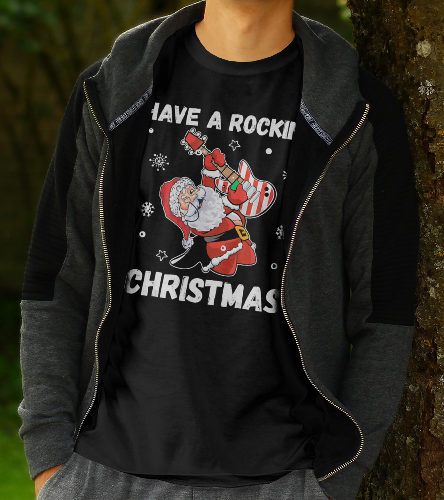 Have A Rockin' Christmas Guitarist Santa With Festive Snowflakes And Stars T-Shirt