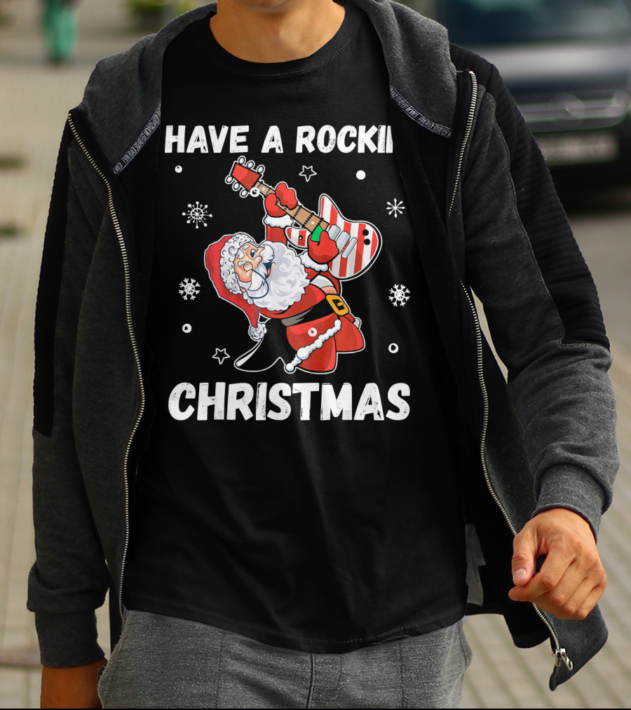 Have A Rockin' Christmas Guitarist Santa With Festive Snowflakes And Stars T-Shirt