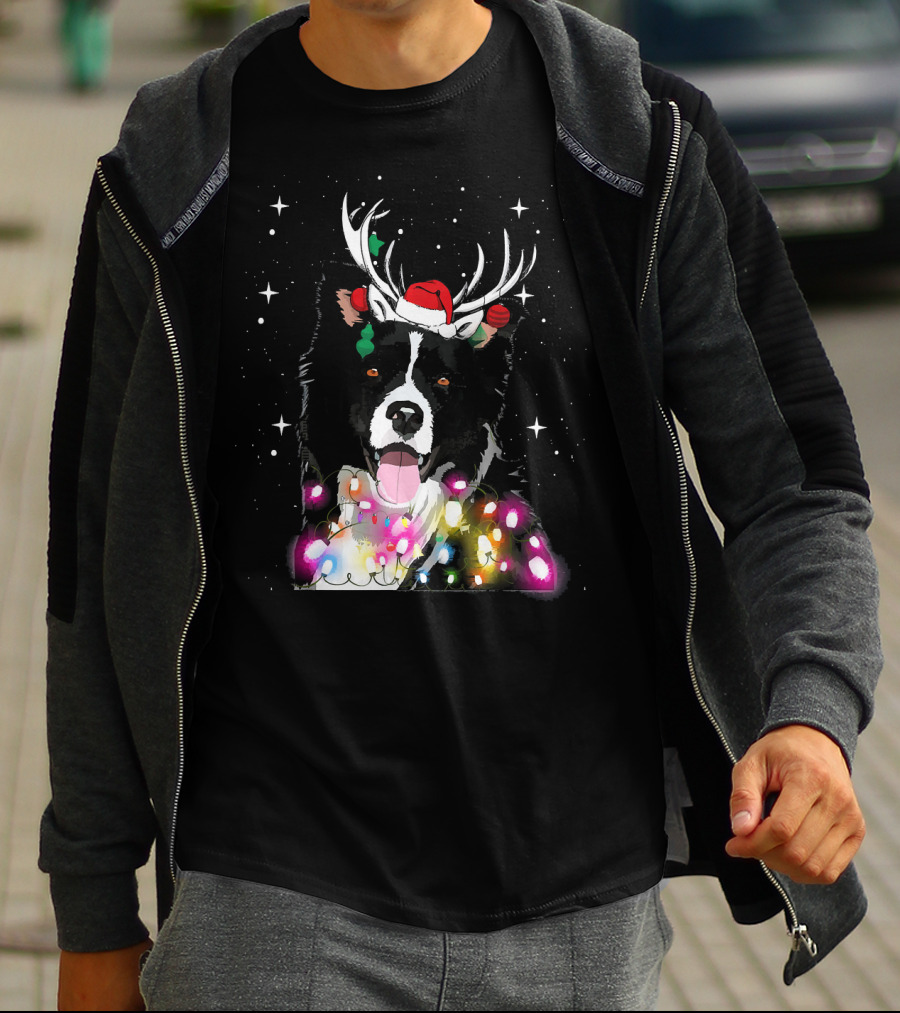 Border Collie In Santa Hat With Reindeer Antlers And Christmas Lights T-Shirt