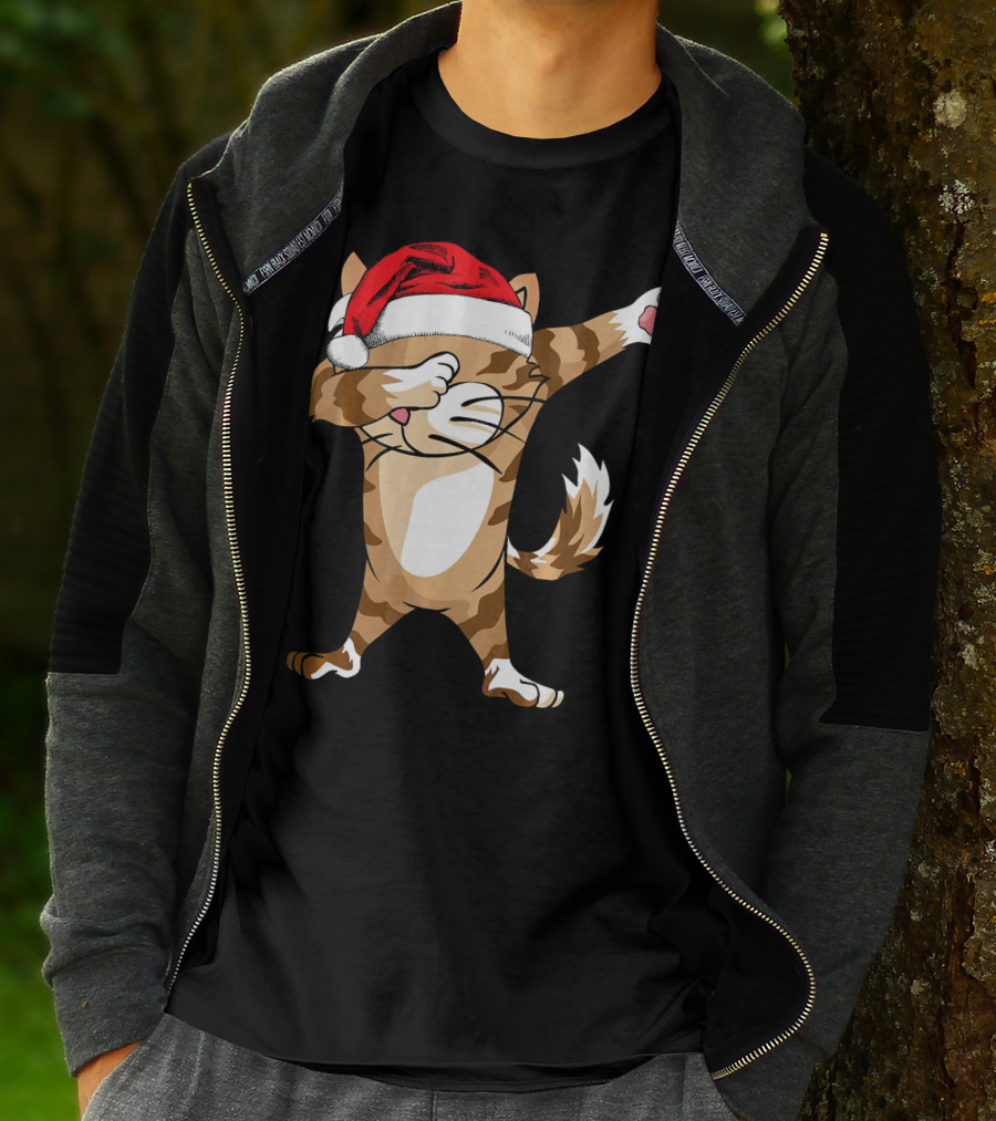 Santa Hat Dabbing Cat Christmas Holiday Fun T-Shirt