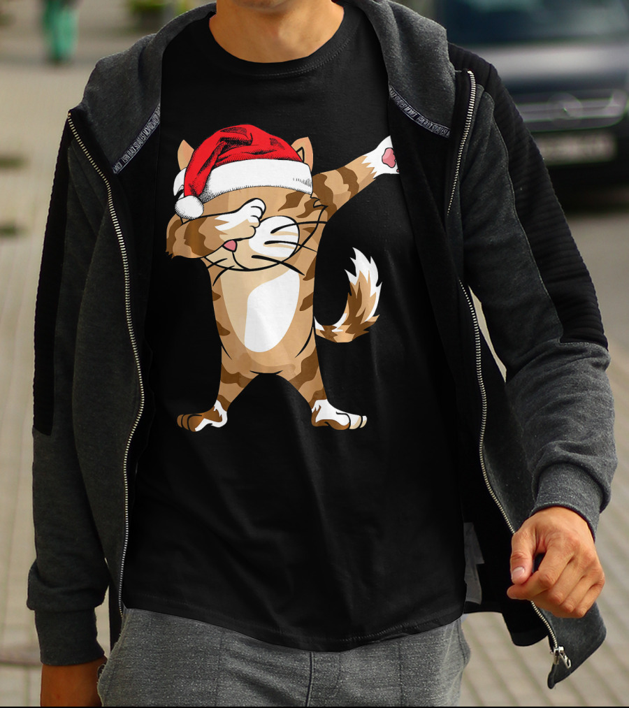 Santa Hat Dabbing Cat Christmas Holiday Fun T-Shirt