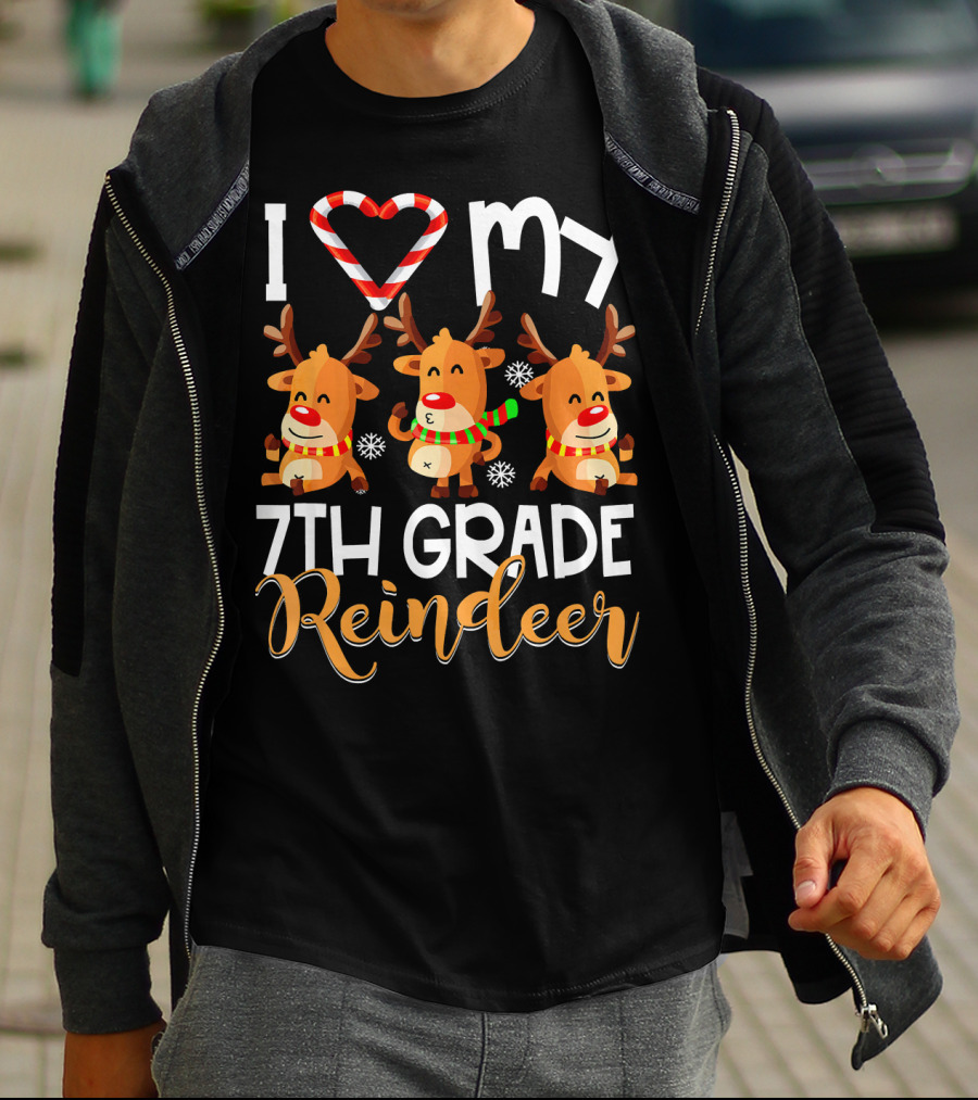 I Love My 7th Grade Reindeer Christmas Candy Cane Snowflakes T-Shirt