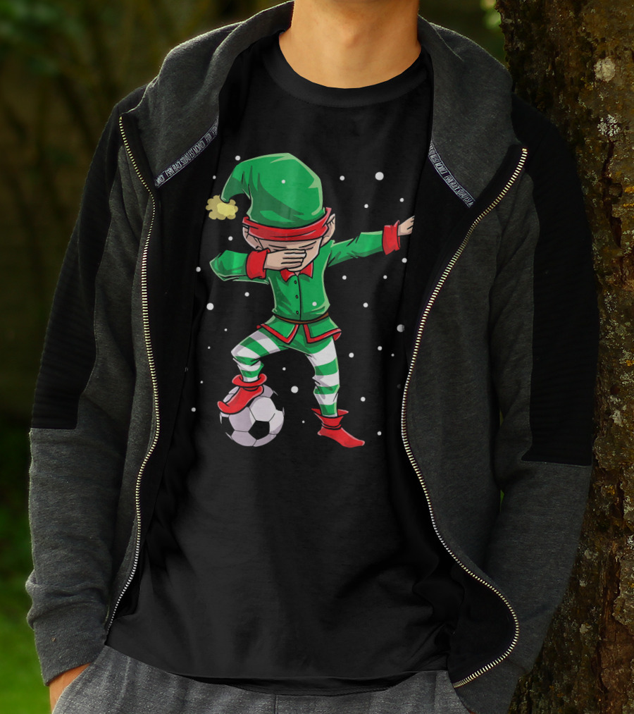 Christmas Soccer Dabbing Elf Kicking Ball In Snowy Scene T-Shirt