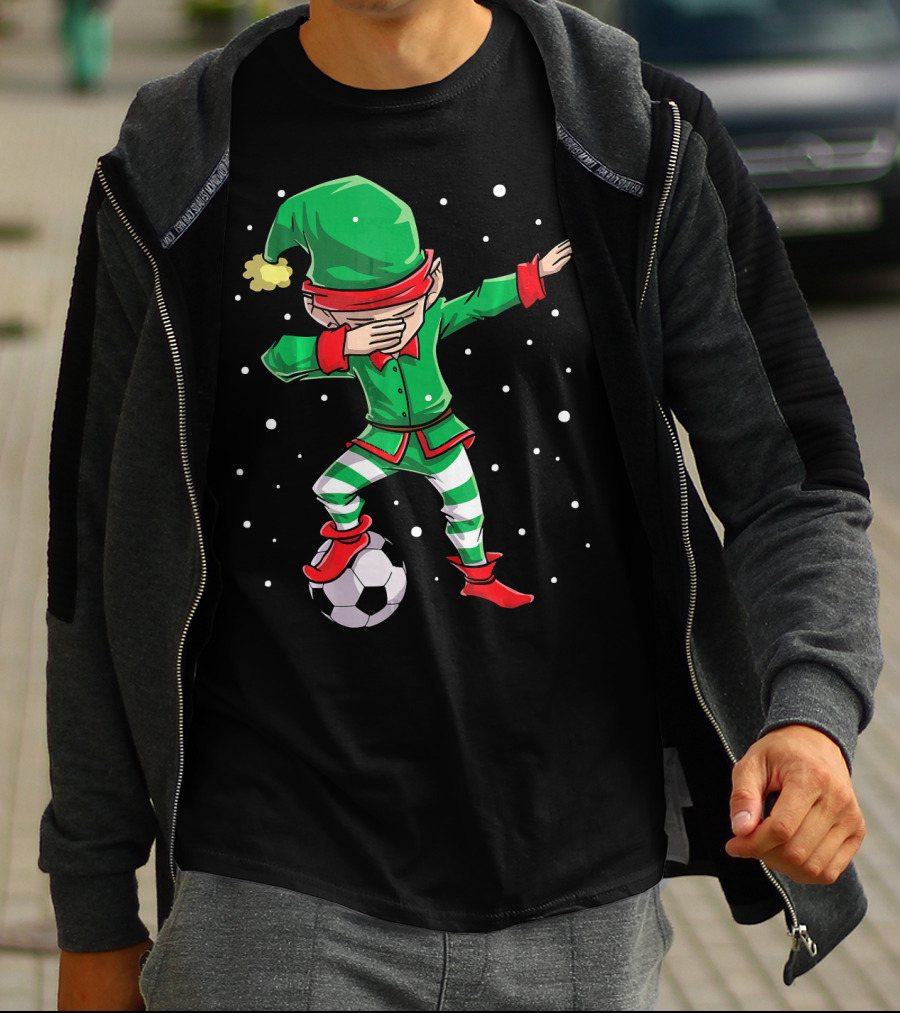 Christmas Soccer Dabbing Elf Kicking Ball In Snowy Scene T-Shirt