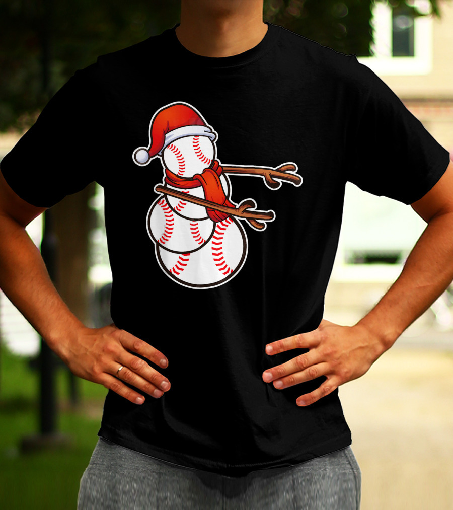 Santa Hat Snowman Made Of Baseballs Flossing T-Shirt