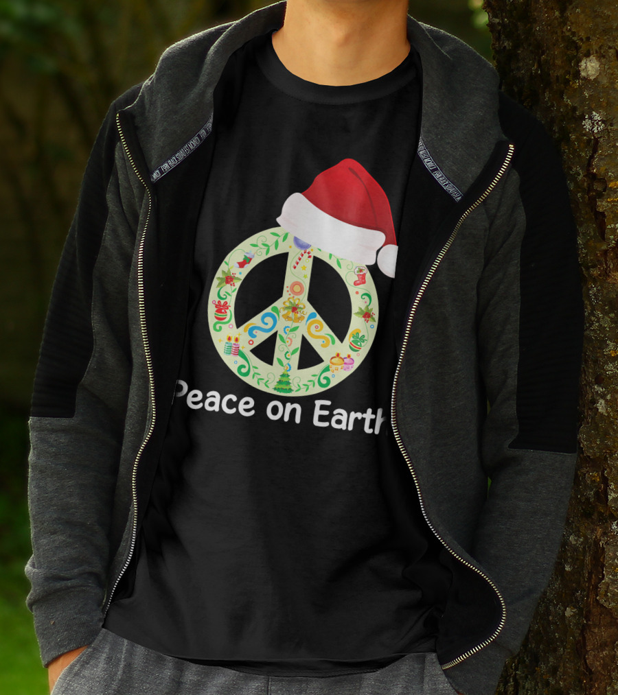 Peace On Earth Santa Hat Christmas Peace Sign T-Shirt