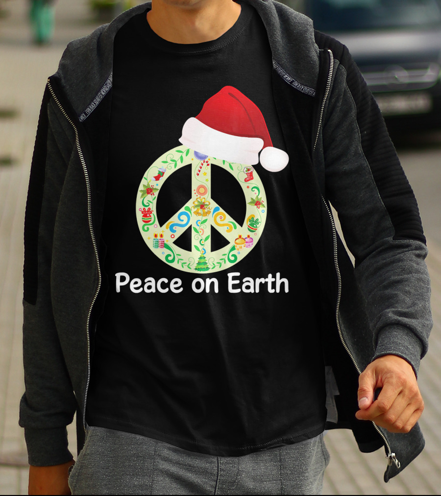 Peace On Earth Santa Hat Christmas Peace Sign T-Shirt
