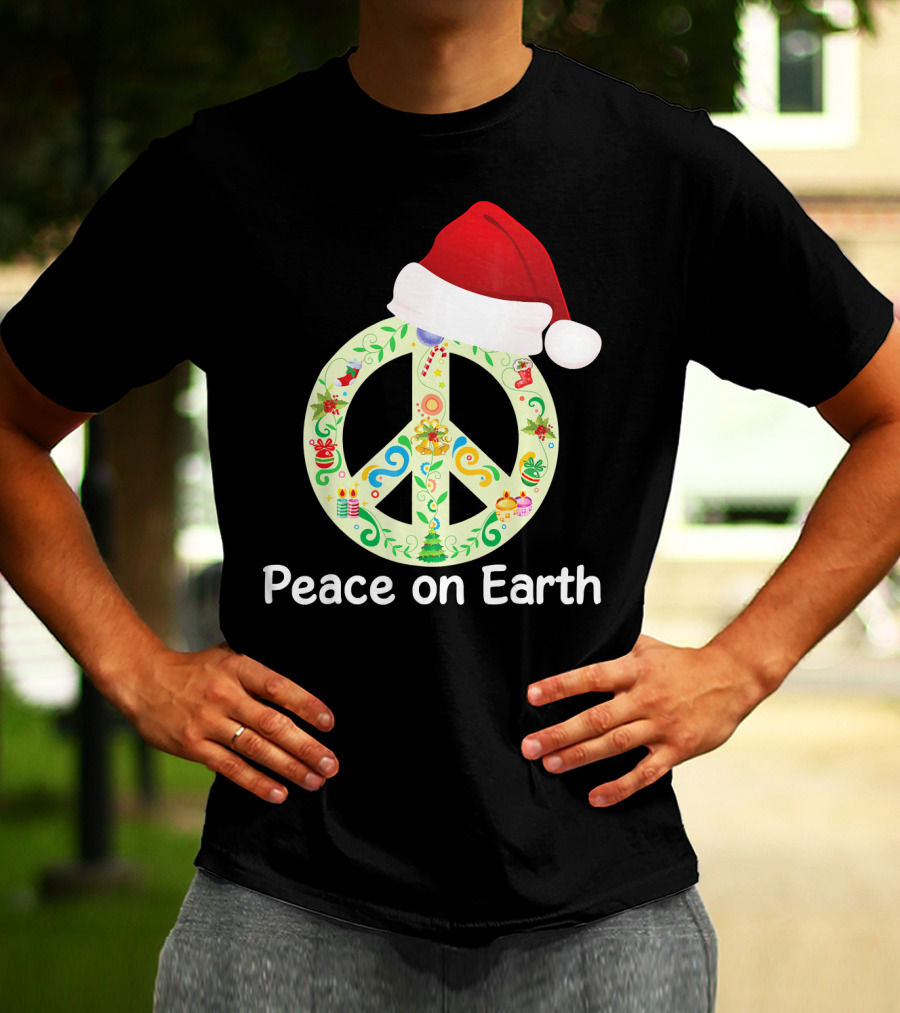 Peace On Earth Santa Hat Christmas Peace Sign T-Shirt