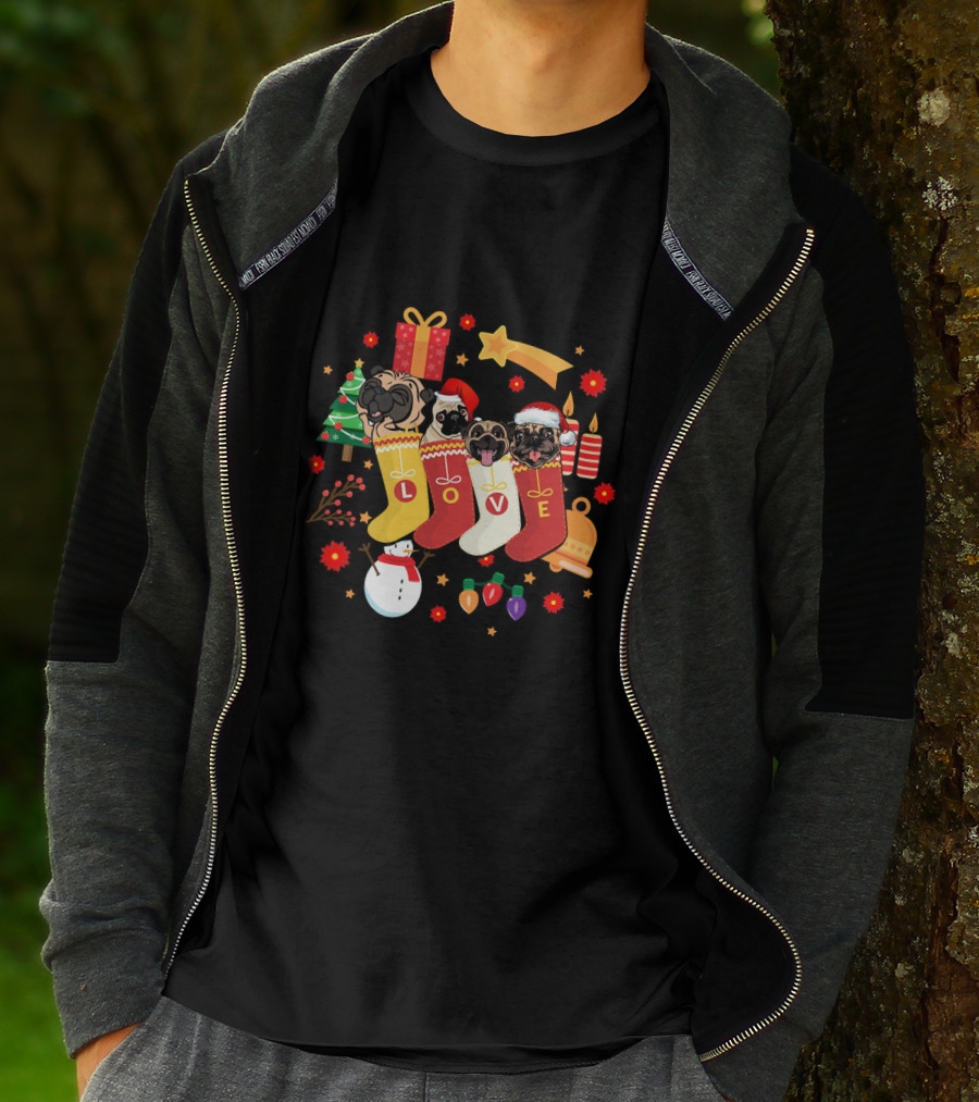 Funny Pugs Dog In Sock Love Christmas Stockings Holiday T-Shirt