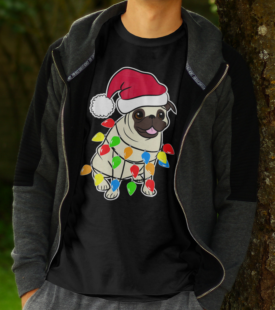 Christmas Pug Santa Pug With Festive Lights And Santa Hat T-Shirt