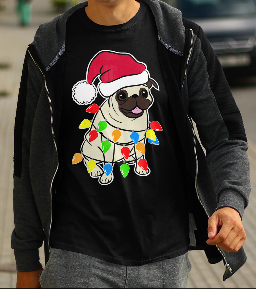 Christmas Pug Santa Pug With Festive Lights And Santa Hat T-Shirt