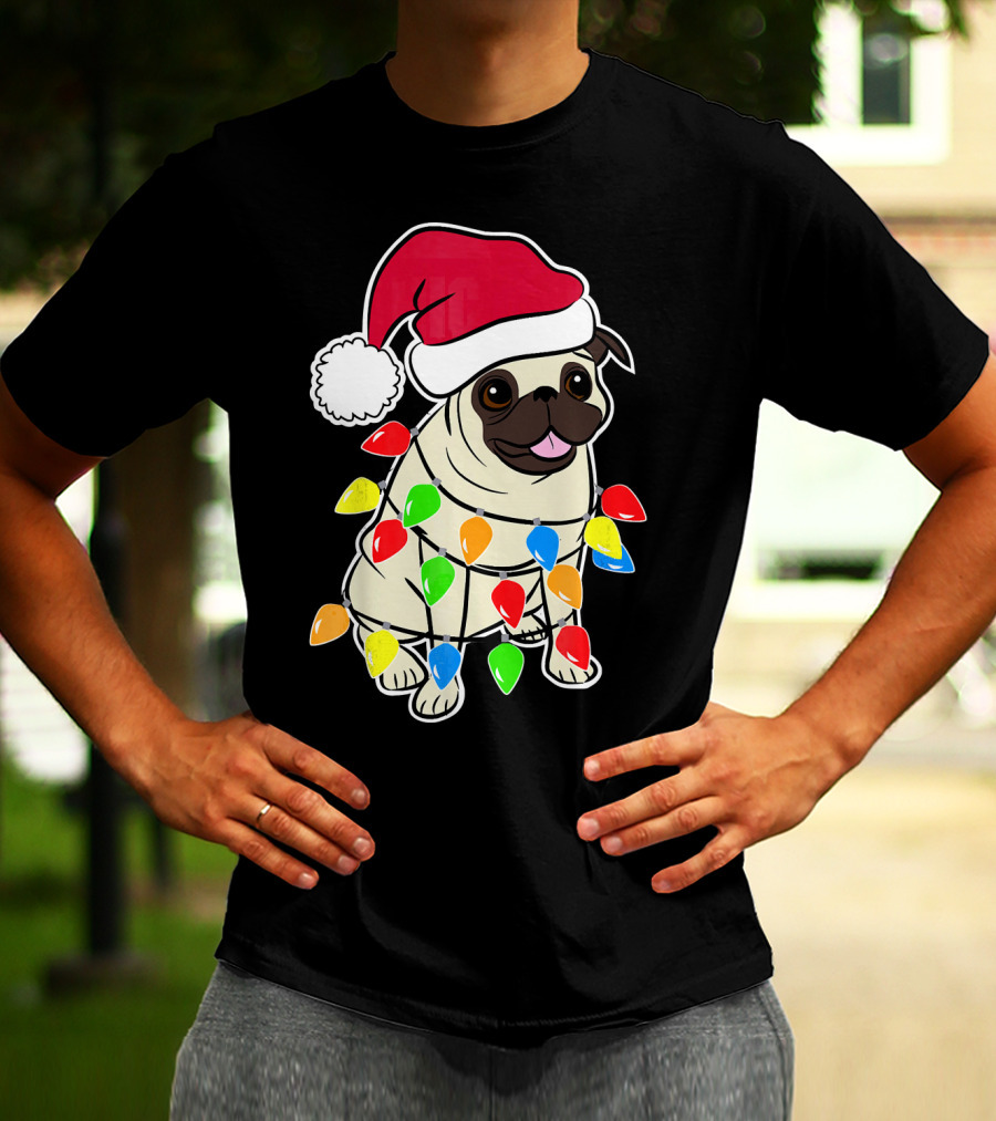 Christmas Pug Santa Pug With Festive Lights And Santa Hat T-Shirt