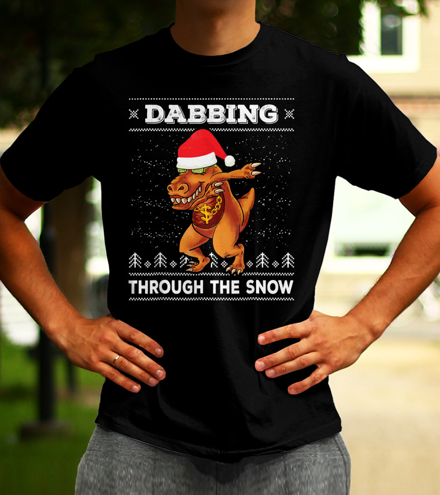 Dabbing T-Rex Through The Snow Santa Hat Ugly T-Shirt