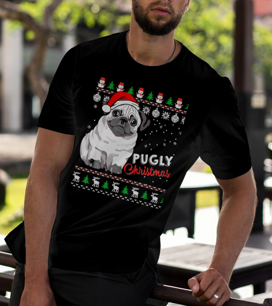 Pugly Christmas Santa Hat Snowflakes Ugly T-Shirt