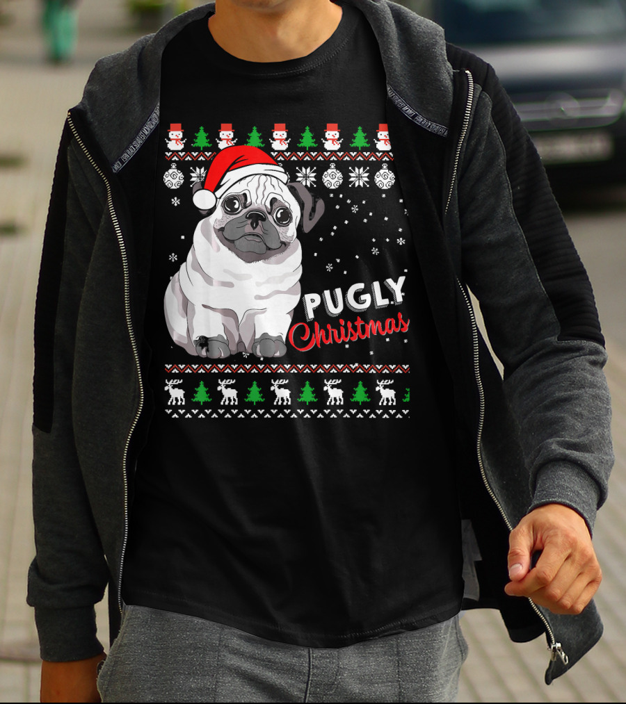 Pugly Christmas Santa Hat Snowflakes Ugly T-Shirt