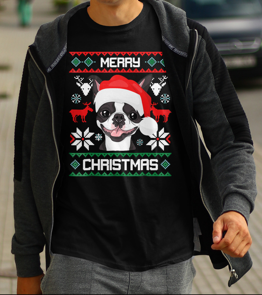Merry Christmas Boston Terrier Santa Hat Ugly Sweater Holiday T-Shirt