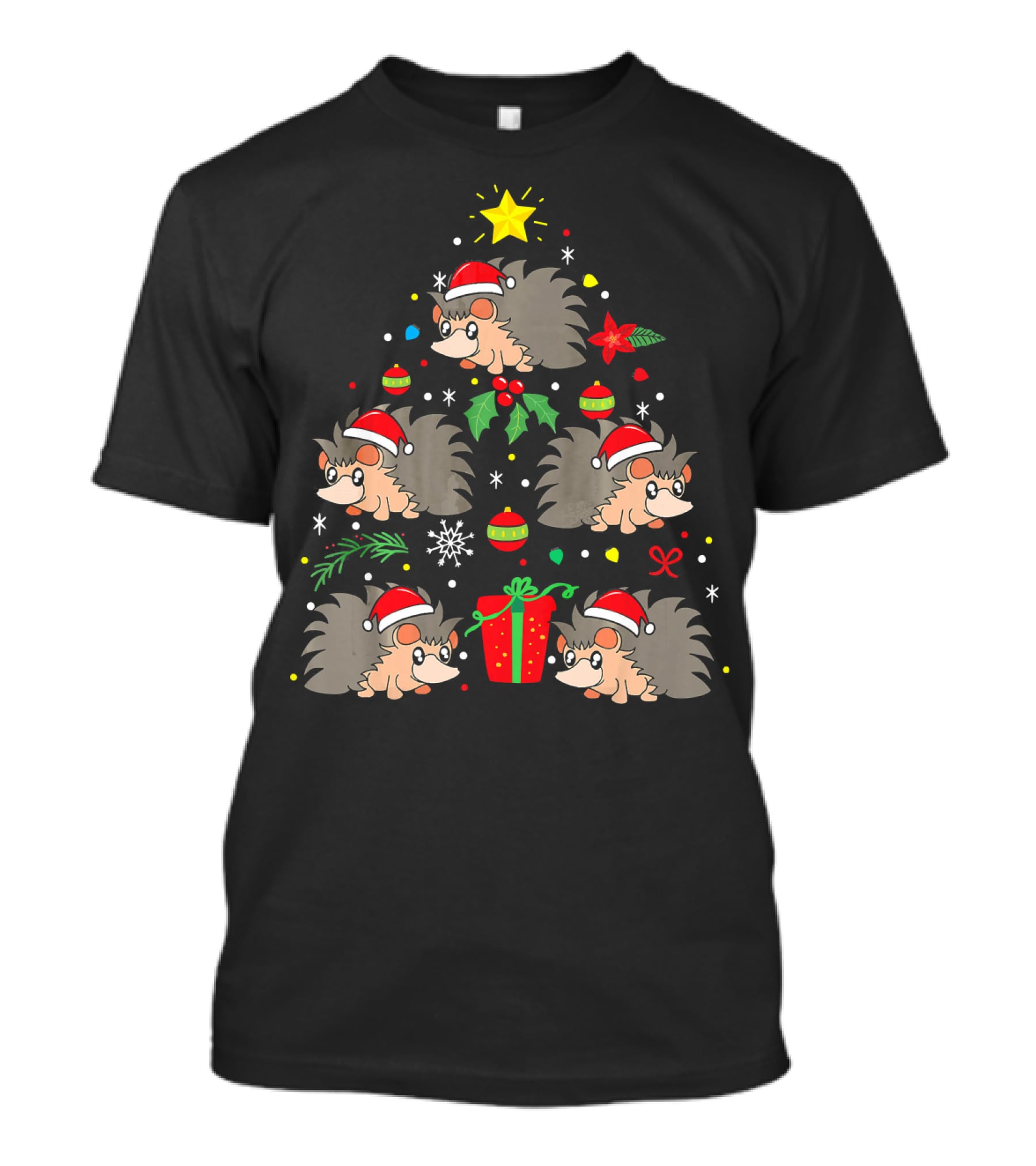 Santa Hat Hedgehog Christmas Tree With Ornaments And Gift T-Shirt