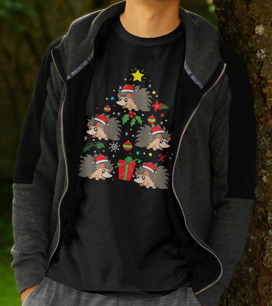 Santa Hat Hedgehog Christmas Tree With Ornaments And Gift T-Shirt