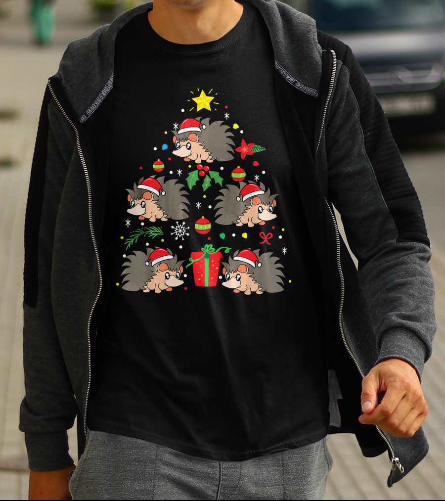 Santa Hat Hedgehog Christmas Tree With Ornaments And Gift T-Shirt