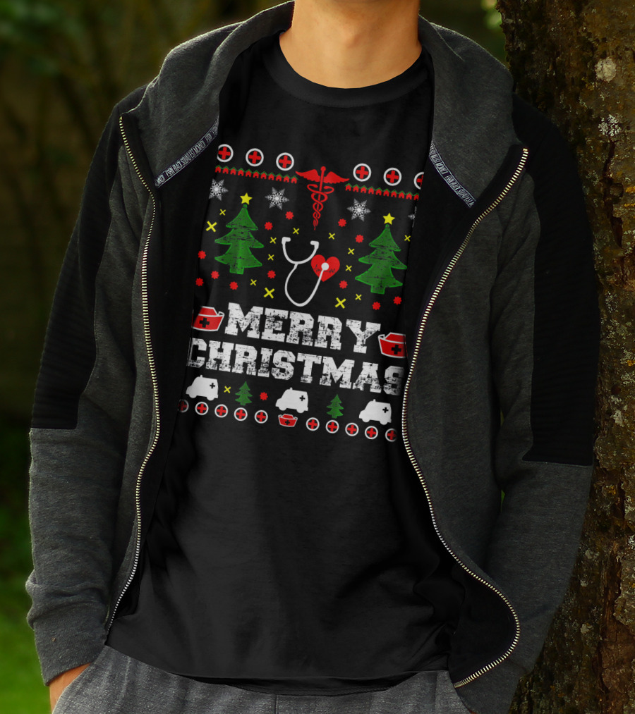 MERRY CHRISTMAS Nurse Ugly Stethoscope And Medical Symbols T-Shirt