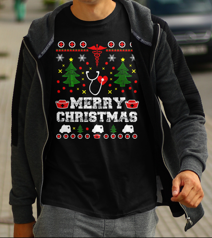 MERRY CHRISTMAS Nurse Ugly Stethoscope And Medical Symbols T-Shirt