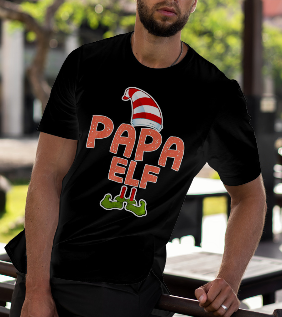 Papa Elf Funny Merry Christmas Striped Hat And Green Shoes T-Shirt