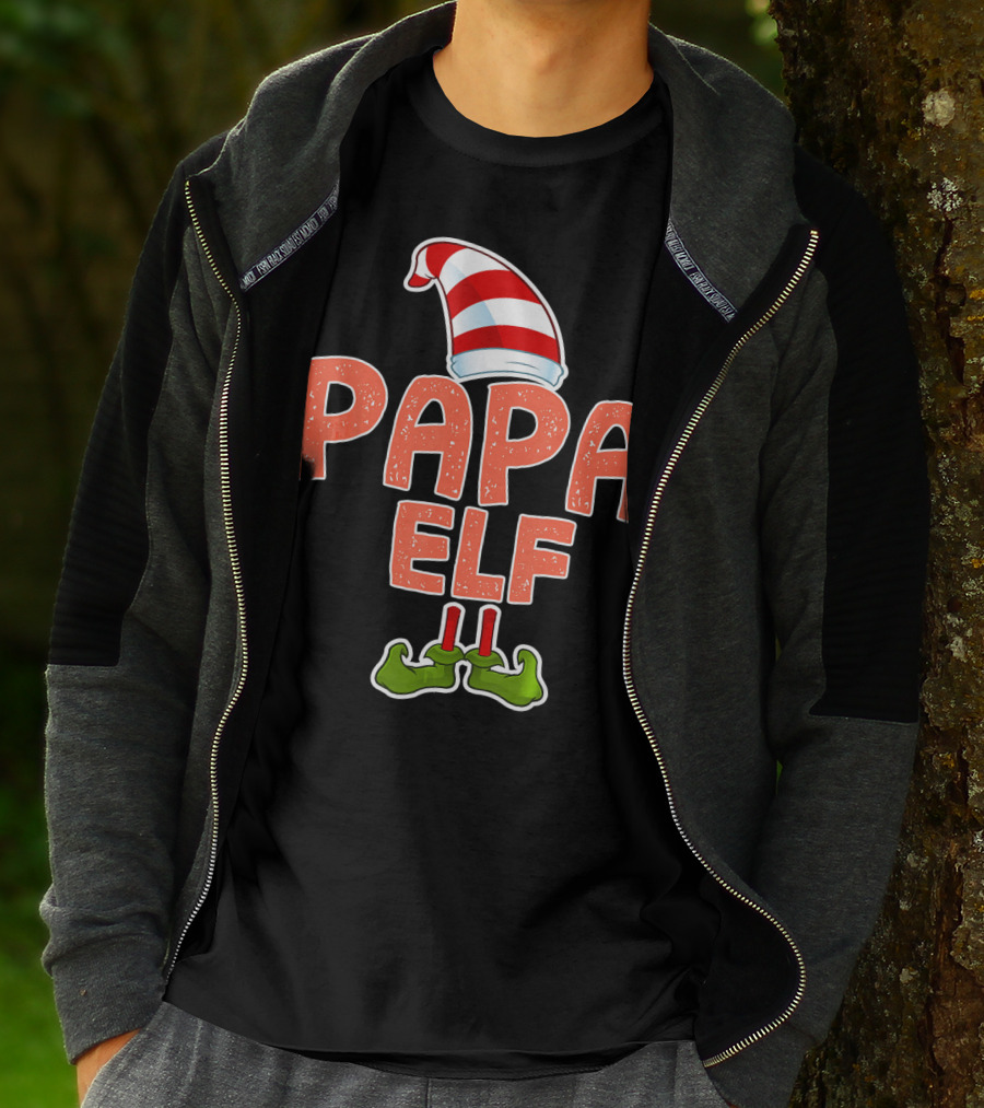 Papa Elf Funny Merry Christmas Striped Hat And Green Shoes T-Shirt