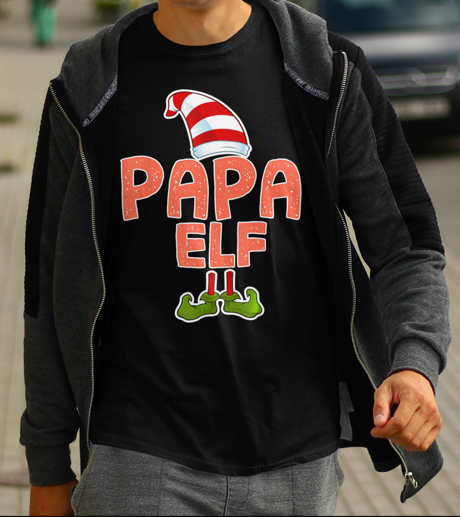 Papa Elf Funny Merry Christmas Striped Hat And Green Shoes T-Shirt