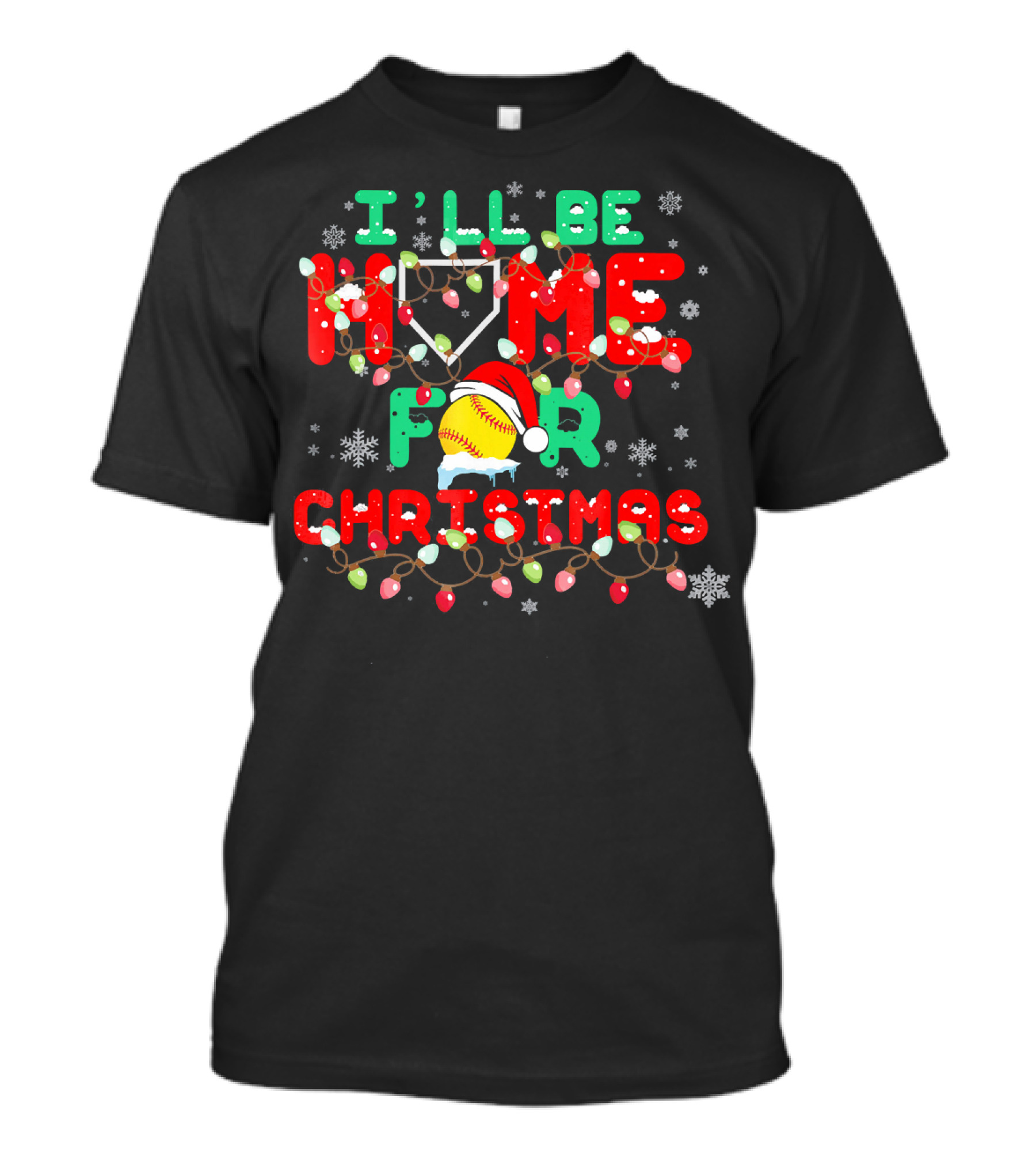 I'll Be Home For Christmas Xmas Funny Baseball Santa Hat Snowflakes Lights T-Shirt