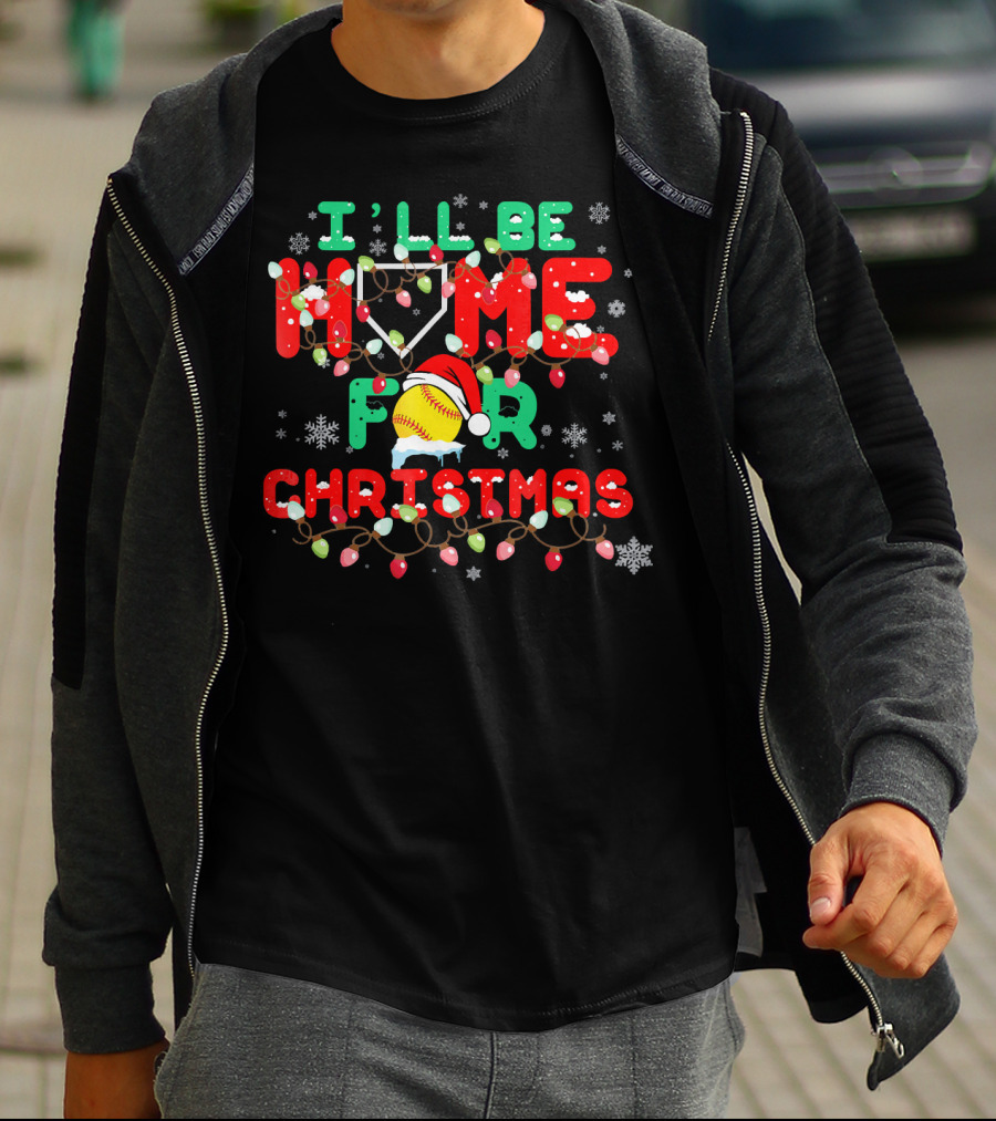 I'll Be Home For Christmas Xmas Funny Baseball Santa Hat Snowflakes Lights T-Shirt