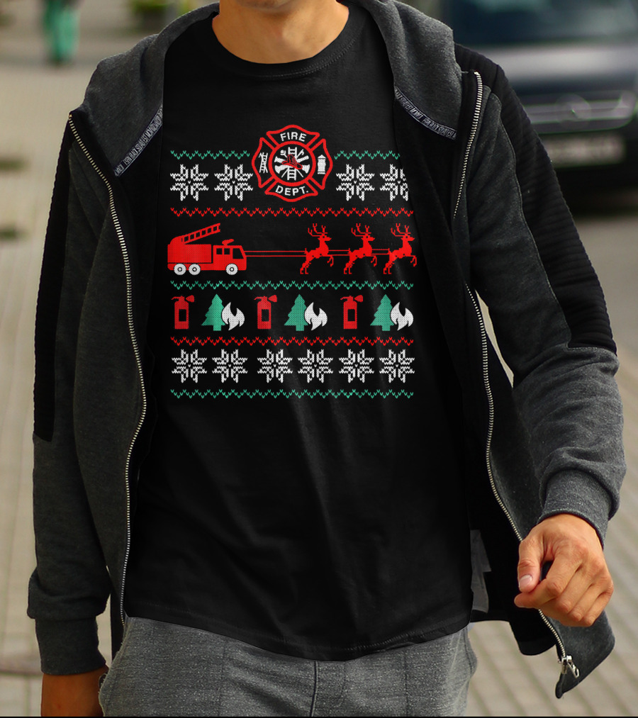 Fire Department Holiday Sweater Firetruck And Reindeer T-Shirt