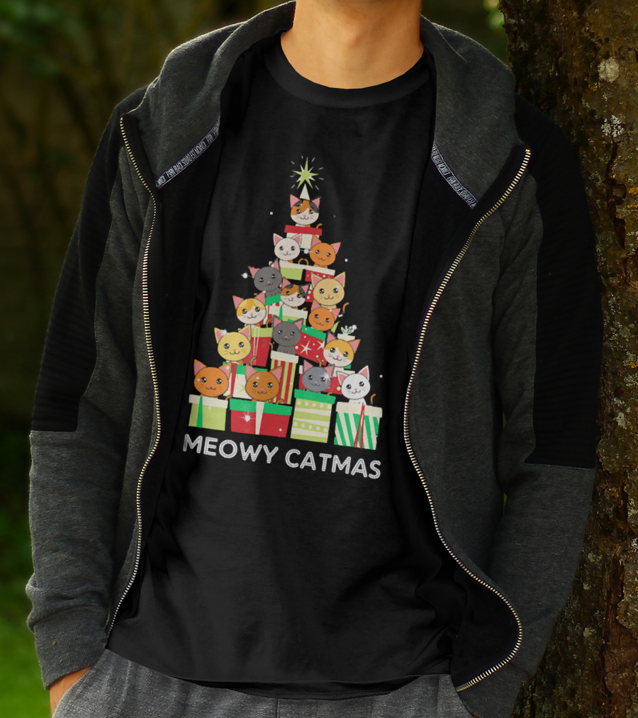 Meowy Catmas Funny Cat Christmas Tree Box T-Shirt