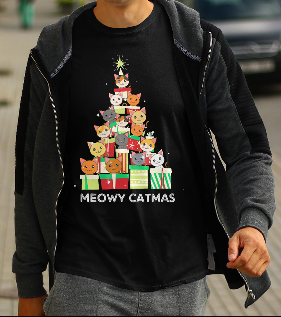 Meowy Catmas Funny Cat Christmas Tree Box T-Shirt