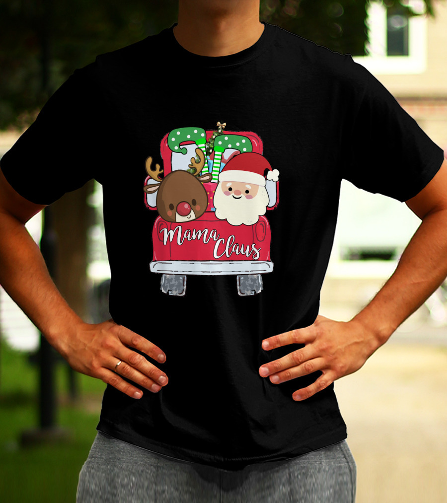 Mama Claus Funny Christmas Car With Santa And Reindeer T-Shirt