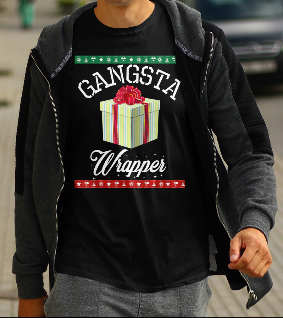 Gangsta Wrapper Funny Christmas Present With Gift Box And Festive Borders T-Shirt