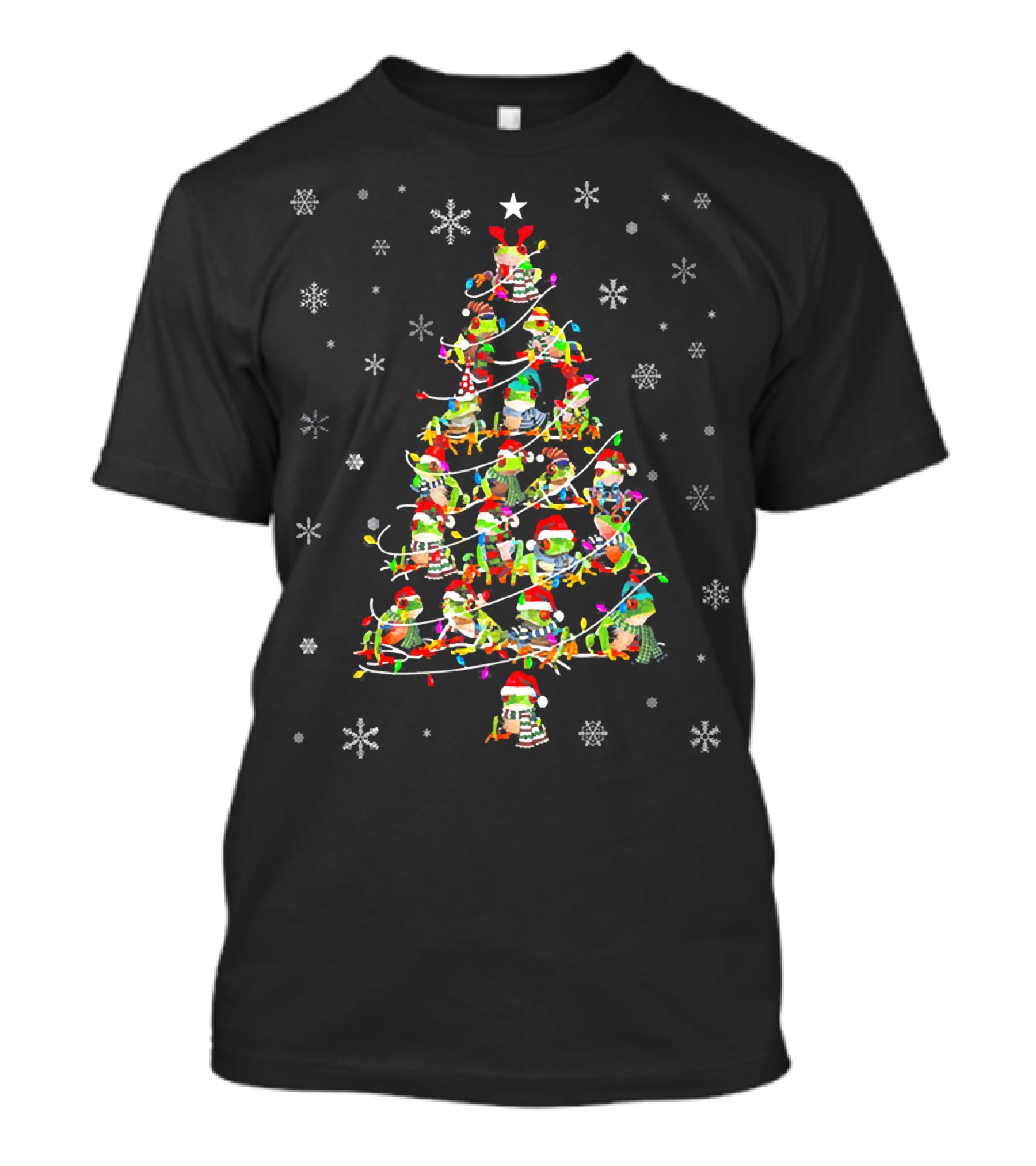 Cute Frog Christmas Tree Decor With Snowflakes And Holiday Lights T-Shirt