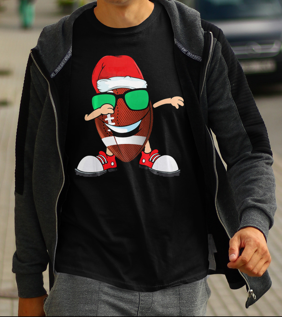 Dabbing Football Wearing Santa Hat With Green Sunglasses And Red Sneakers T-Shirt
