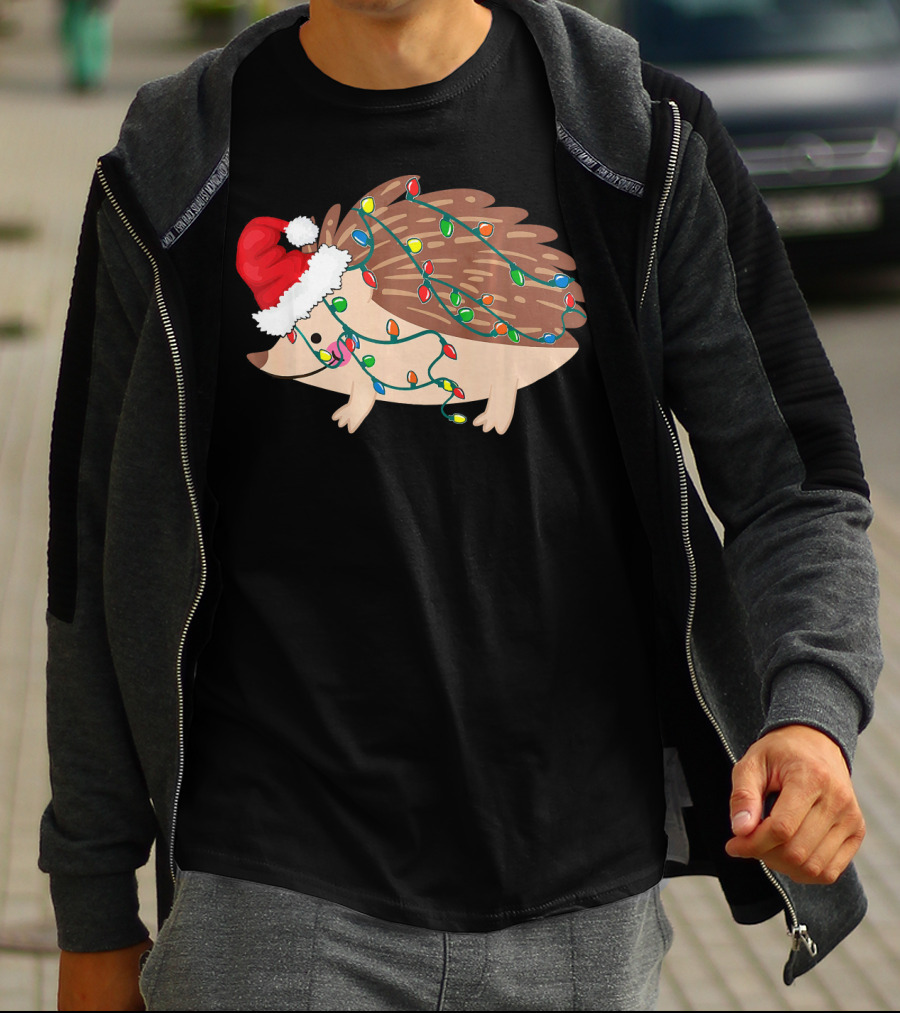 Hedgehog Christmas Lights Funny Santa Hat T-Shirt