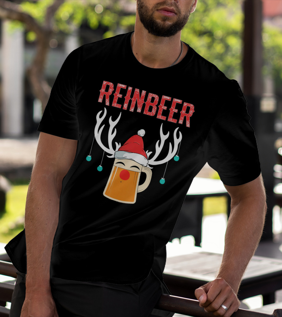 Reinbeer Christmas Antler Humor With Santa Hat Beer Mug T-Shirt