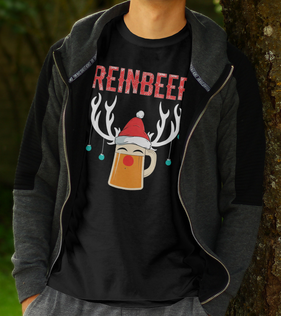 Reinbeer Christmas Antler Humor With Santa Hat Beer Mug T-Shirt