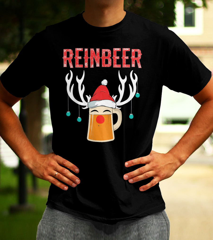 Reinbeer Christmas Antler Humor With Santa Hat Beer Mug T-Shirt