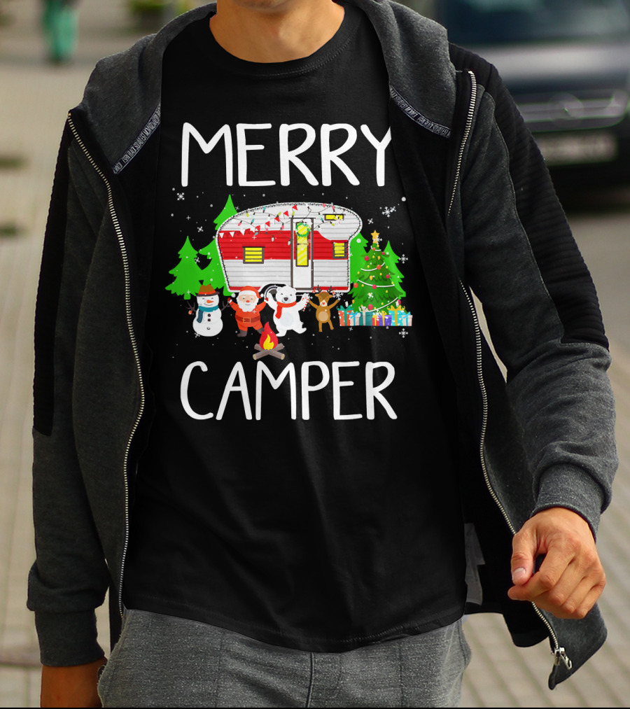Merry Camper Christmas Santa Snowman Reindeer Campfire Scene T-Shirt