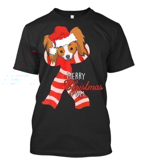 Papillon Dog Merry Christmas Y'all Santa Hat Striped T-Shirt
