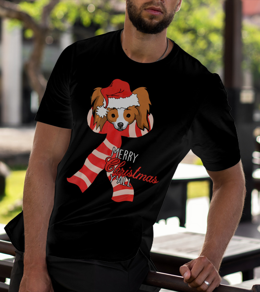 Papillon Dog Merry Christmas Y'all Santa Hat Striped T-Shirt