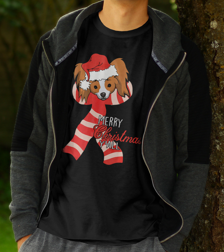 Papillon Dog Merry Christmas Y'all Santa Hat Striped T-Shirt