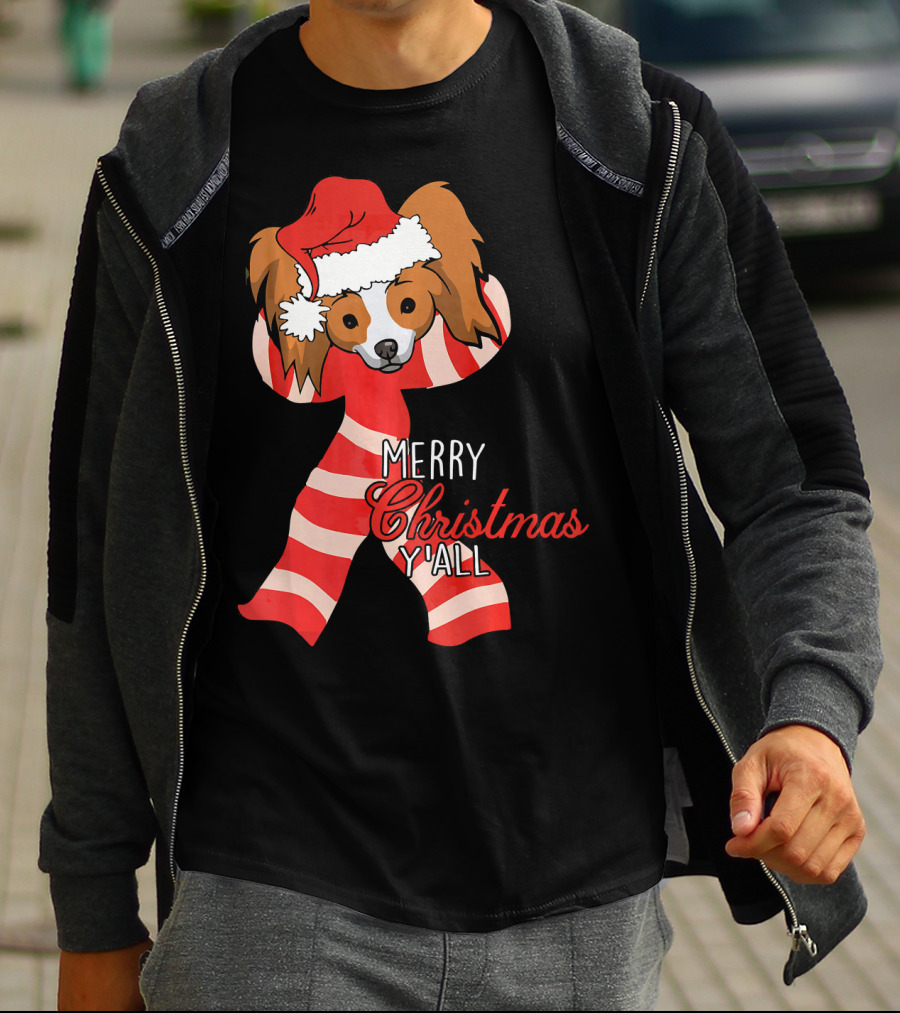 Papillon Dog Merry Christmas Y'all Santa Hat Striped T-Shirt