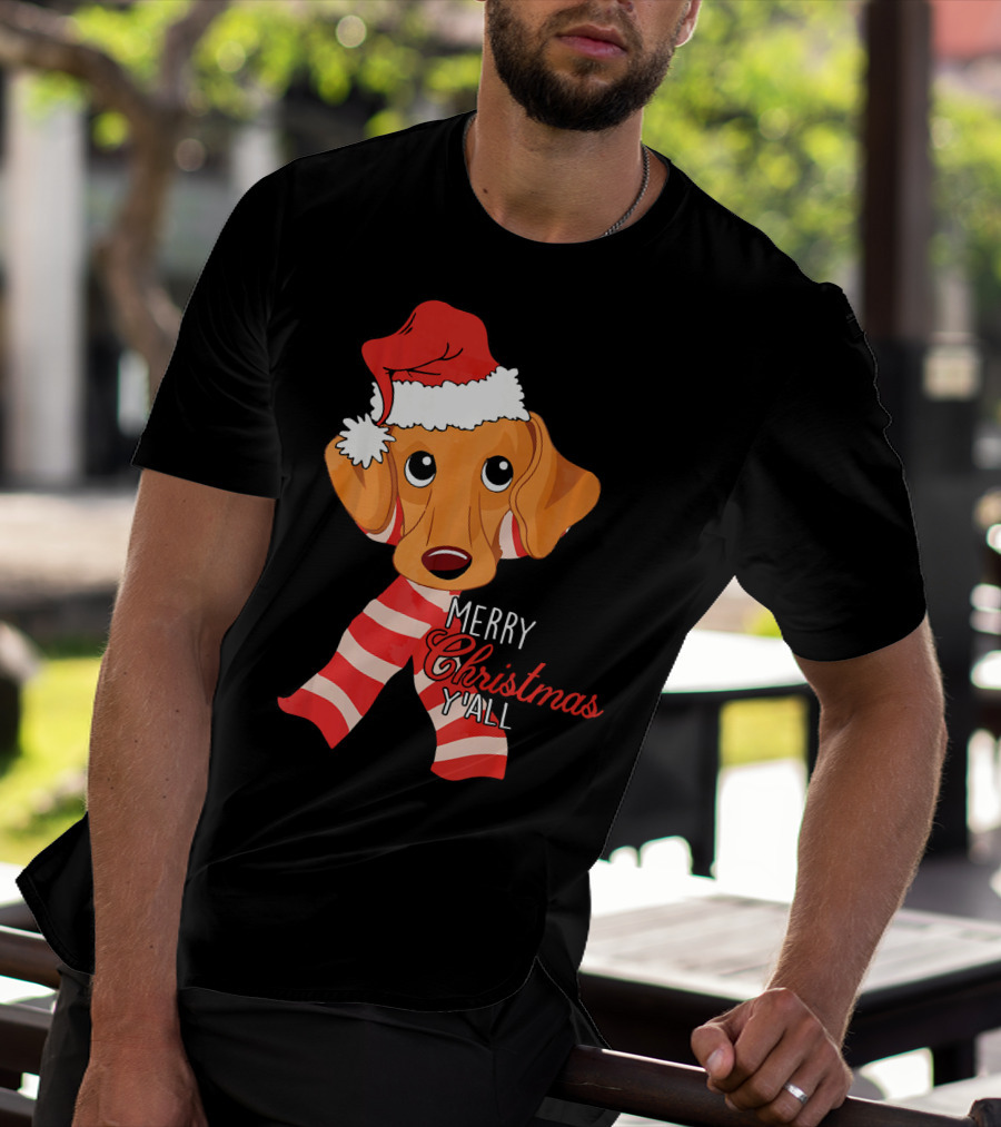 Merry Christmas Y'all Dachshund Dog Wearing Santa Hat And Striped Scarf T-Shirt